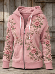 Women's Pink Rose Floral Pattern Design Casual Zip-Up Hoodie