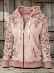 Women's Pink Rose Floral Pattern Design Casual Zip-Up Hoodie