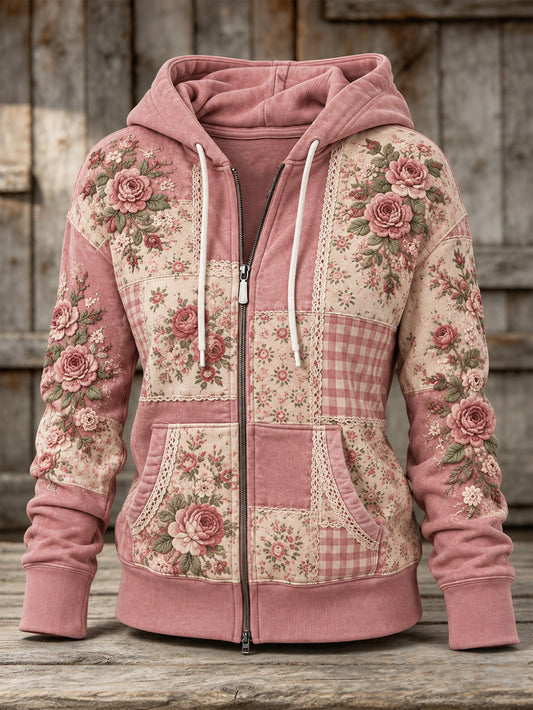 Women's Pink Rose Floral Pattern Design Casual Zip-Up Hoodie
