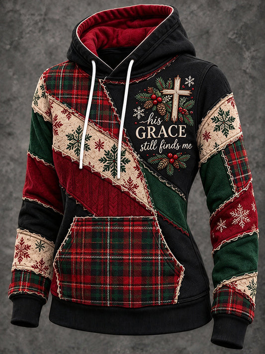 Women's His Grace Still Finds Me Christmas Plaid Patchwork Print Cozy Hoodie