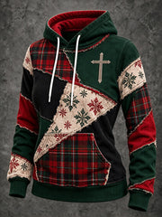 Women's Vintage Christmas Plaid Patchwork Cross Print Cozy Hoodie