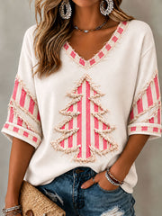 Women's Vintage Christmas Tree Art Mid-length Sleeves V-Neck T-Shirt