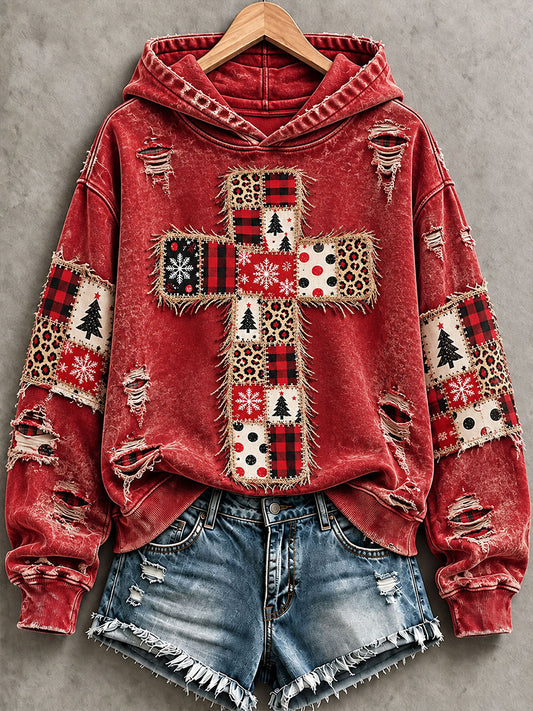 Women's Patchwork Cross Print Casual Hoodie