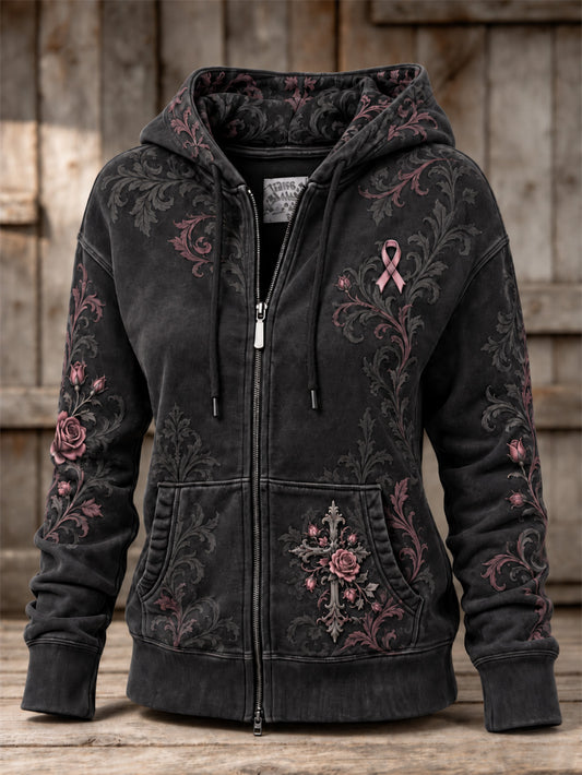 Women's  Corss and Pink Charity Ribbon Pattern Design Casual Zip-Up Hoodie