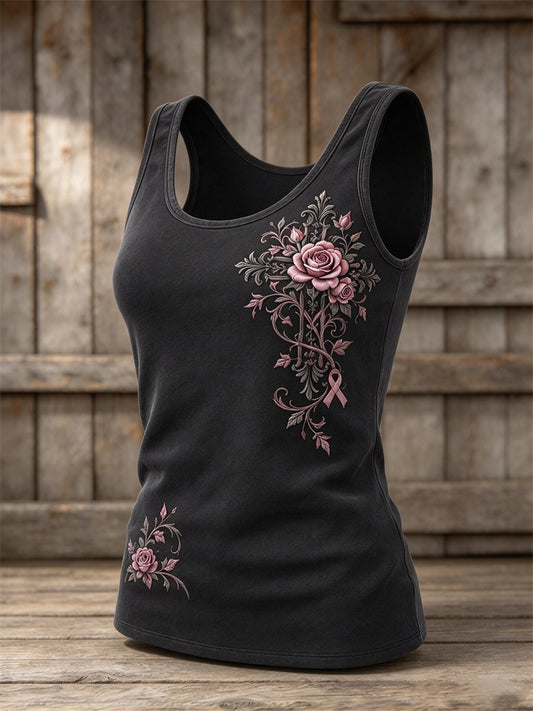 Women's Gothic Cross Pink Ribbon Roses Floral Print Tank Top