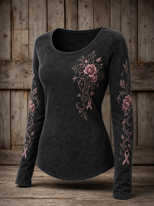 Women's Gothic Cross Pink Ribbon Roses Floral Print Round-Neck Long-Sleeve T-Shirt