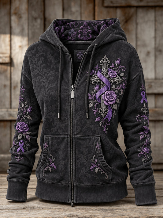 Women's Gothic Cross & Purple Ribbon Roses Floral Print Full Zip Hoodie