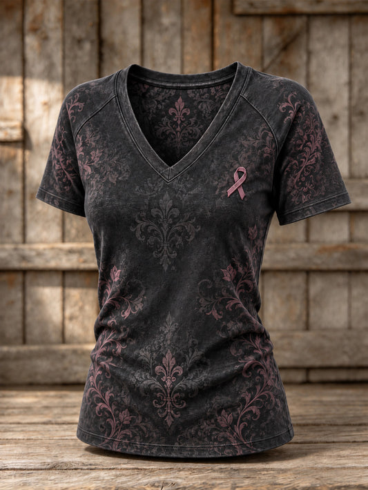 Women's Corss and Pink Charity Ribbon Pattern Design Casual V-neck Short-sleeved T-shirt