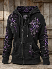 Women's Gothic Cross & Purple Ribbon Butterflies Roses Floral Print Full Zip Hoodie