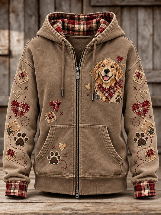 Women's Cute Patchwork Dog Print Zip-Up Hoodie