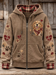 Women's Cute Patchwork Dog Print Zip-Up Hoodie