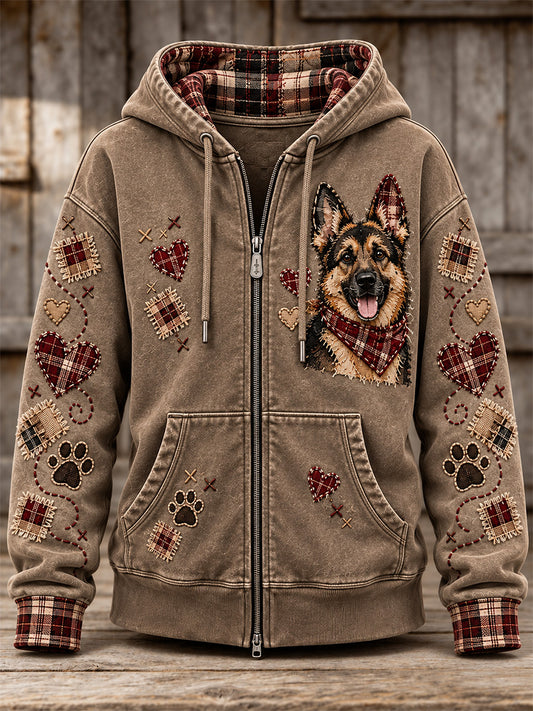Women's Cute Patchwork Dog Print Zip-Up Hoodie