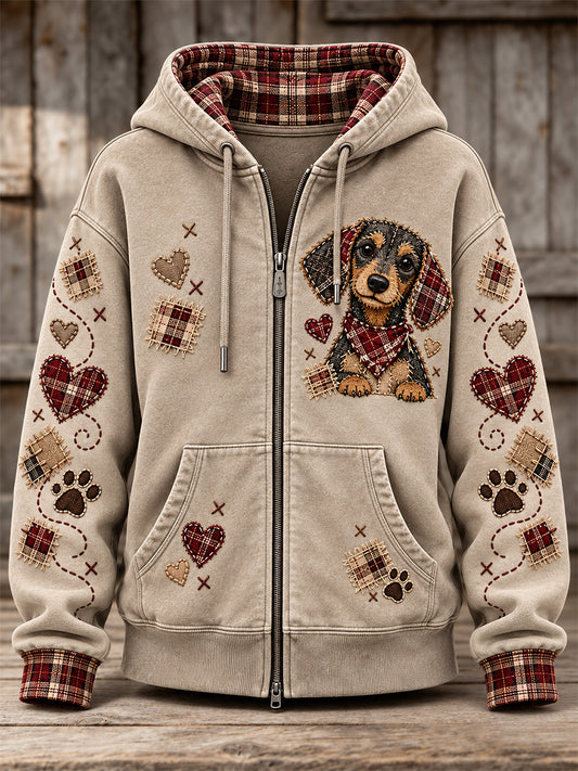 Women's Cute Patchwork Dog Print Zip-Up Hoodie