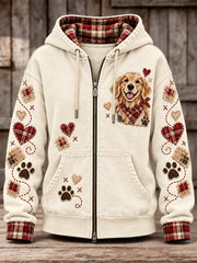 Women's Cute Patchwork Dog Print Zip-Up Hoodie