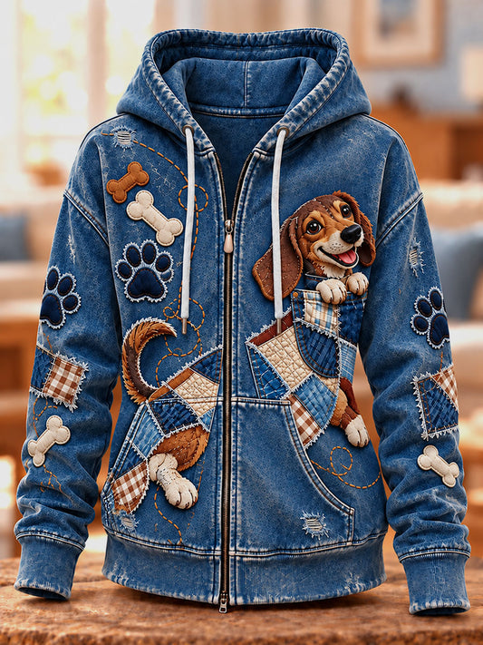 Women's Vintage Dog Art Print Zip-Up Hoodie
