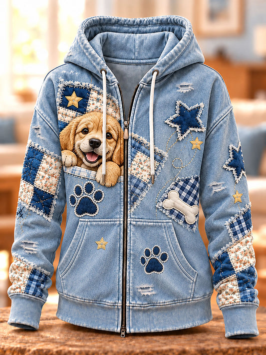 Women's Vintage Dog Art Print Zip-Up Hoodie