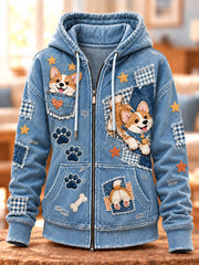 Women's Vintage Dog Art Print Zip-Up Hoodie