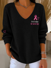 Women's Pink Breast Cancer Awareness Printed V-Neck Ribbed Top