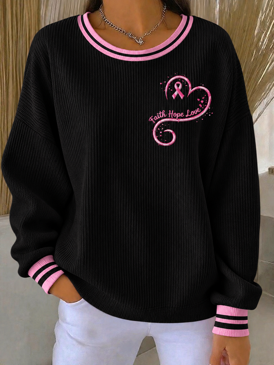 Women's Pink Breast Cancer Awareness Printed Ribbed Round-Neck Sweatshirt