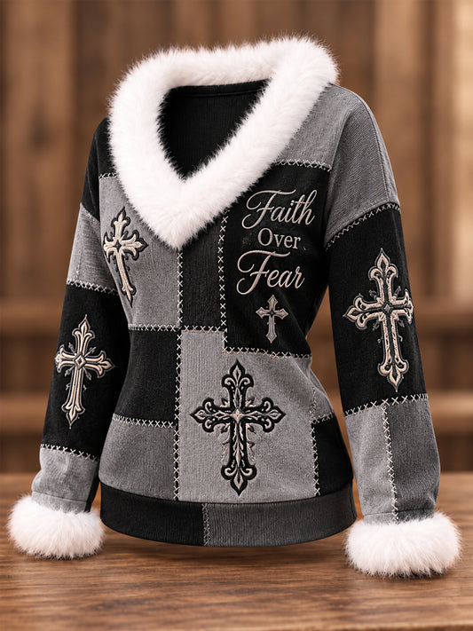 Women's Christian Faith Over Fear Cross Patchwork Print Casual Fur Collar Top