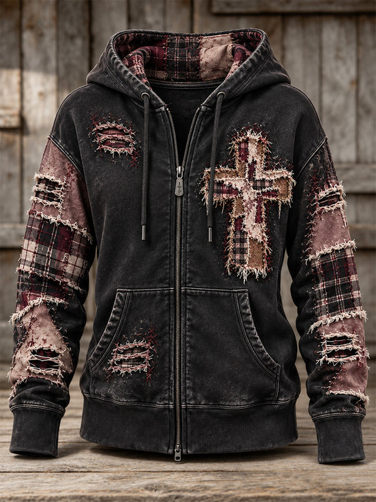 Women's Patchwork Christian Cross Print Zip-Up Hoodie
