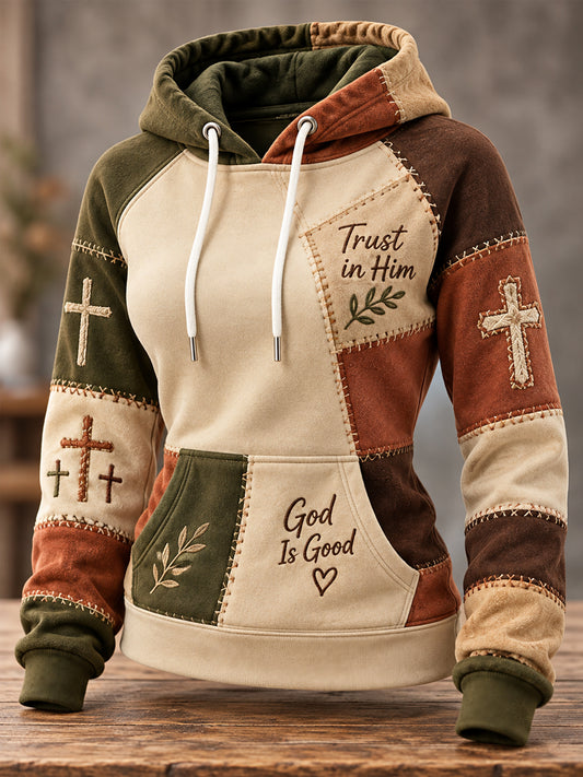 Women's Christian Cross Patchwork Print Casual Hoodie
