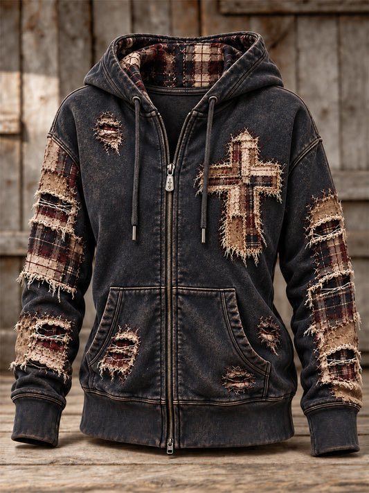 Women's Patchwork Christian Cross Print Zip-Up Hoodie