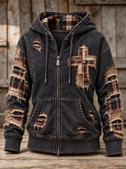 Women's Patchwork Christian Cross Print Zip-Up Hoodie