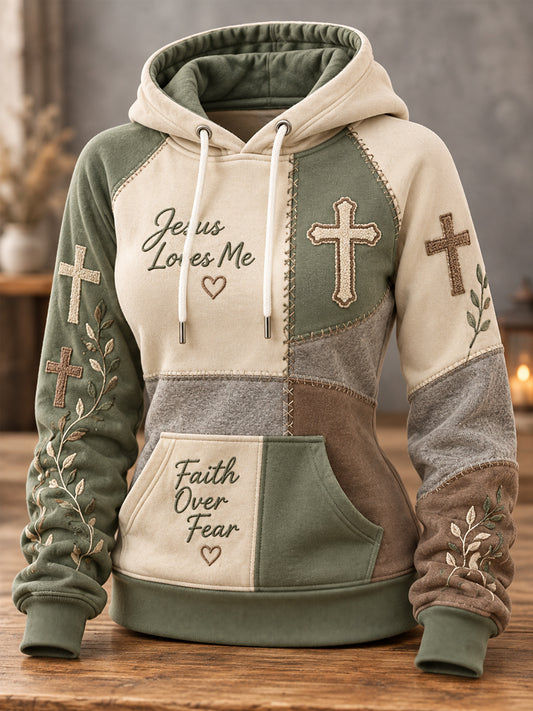 Women's Christian Cross Patchwork Print Casual Hoodie