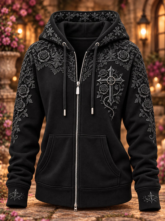 Women's Retro Christian Floral Cross Art Print Casual Zip-Up Hoodie