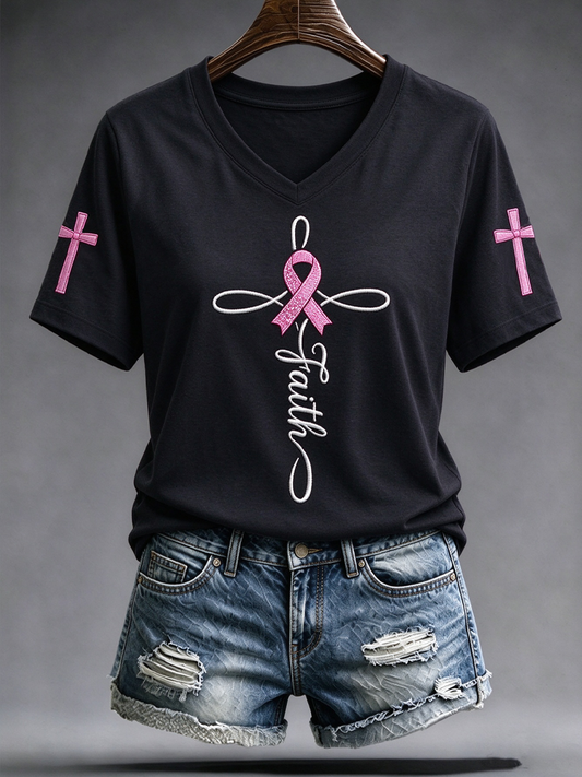 Women's Faith Cross Breast Cancer Awareness short-sleeved T-shirt