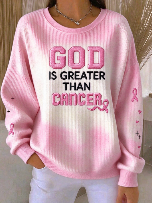 Women's Faith Cross Breast Cancer Awareness Ribbed Round-Neck Sweatshirt
