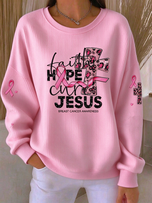 Women's Faith Cross Breast Cancer Awareness Ribbed Round-Neck Sweatshirt