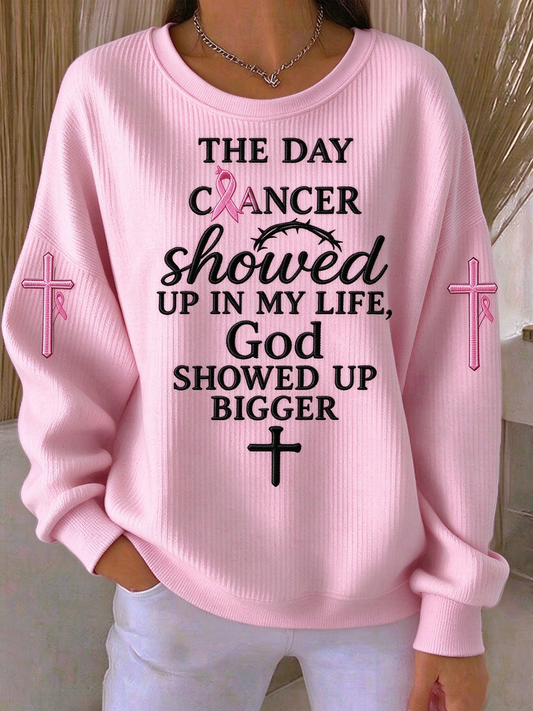 Women's Faith Cross Breast Cancer Awareness Ribbed Round-Neck Sweatshirt