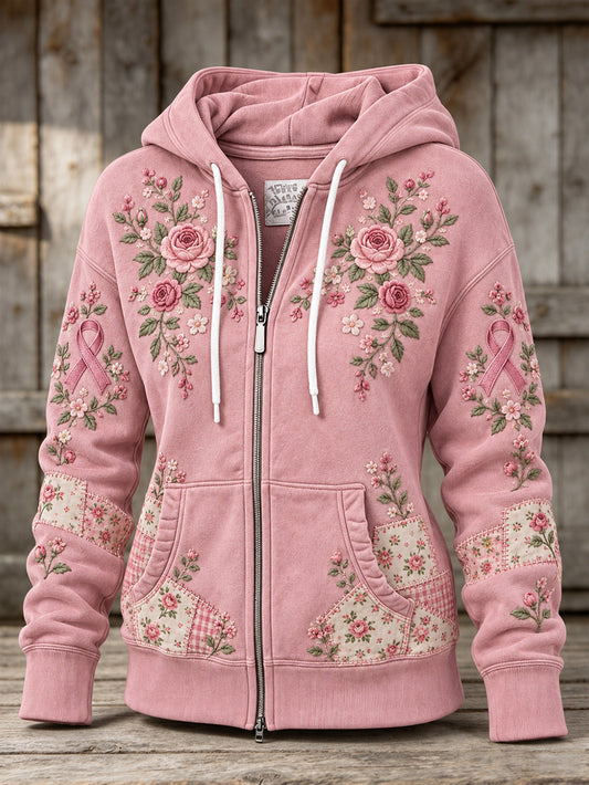 Women's Pink Rose and Pink Charity Ribbon Pattern Design Casual Zip-Up Hoodie