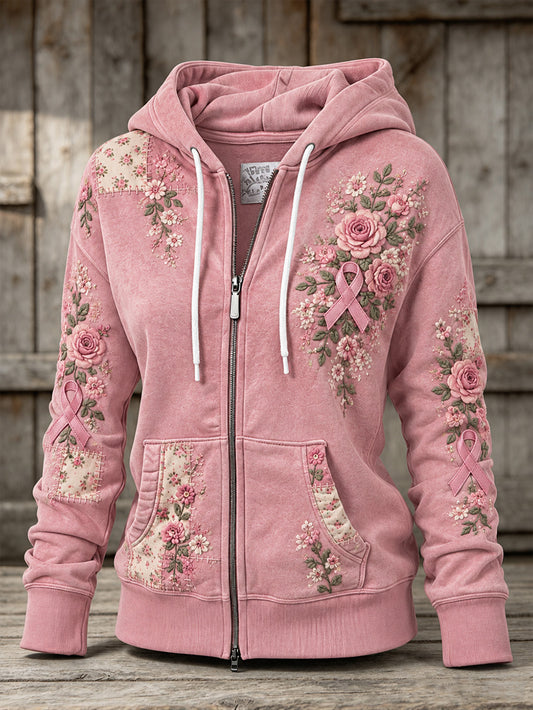 Women's Pink Rose and Pink Charity Ribbon Pattern Design Casual Zip-Up Hoodie