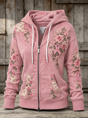 Women's Pink Rose and Pink Charity Ribbon Pattern Design Casual Zip-Up Hoodie