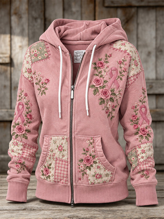 Women's Pink Rose and Pink Charity Ribbon Pattern Design Casual Zip-Up Hoodie