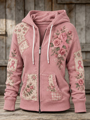 Women's Pink Rose and Pink Charity Ribbon Pattern Design Casual Zip-Up Hoodie