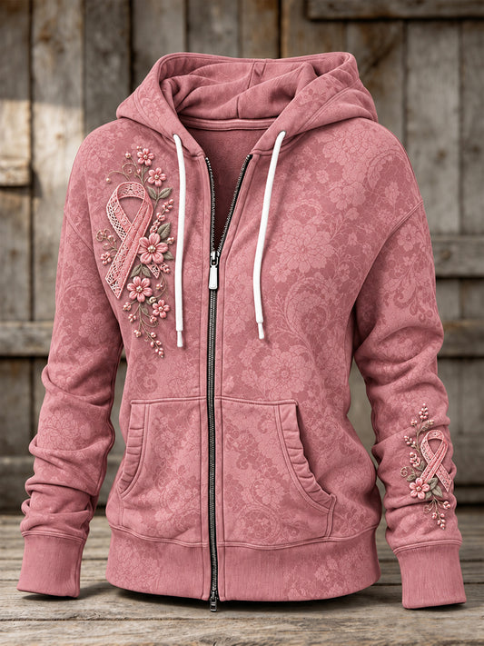Women's Vintage Lace Pink Ribbon Floral Print Zip-Up Hoodie