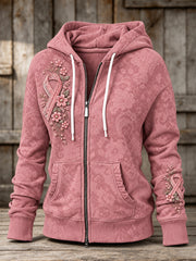 Women's Vintage Lace Pink Ribbon Floral Print Zip-Up Hoodie