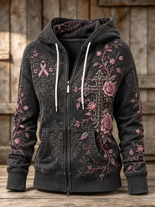 Women's Gothic Floral Pink Ribbon Print Casual Zip-Up Hoodie