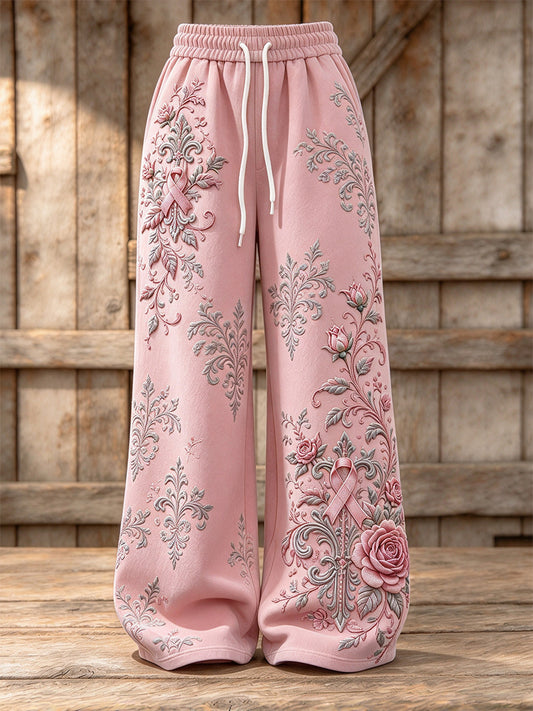 Women's Gothic Pink Ribbon Roses Floral Print Wide Leg Sweatpants