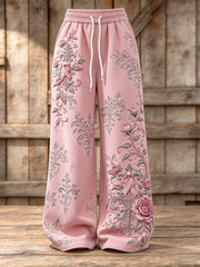 Women's Gothic Pink Ribbon Roses Floral Print Wide Leg Sweatpants