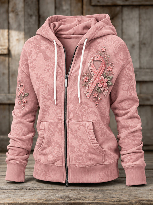 Women's Vintage Lace Pink Ribbon Floral Print Zip-Up Hoodie