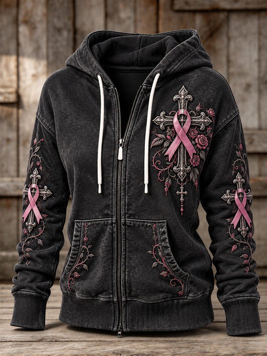 Women's Vintage Floral Pink Ribbon Gothic Cross Print Full Zip Hoodie