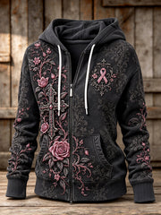 Women's Gothic Floral Pink Ribbon Print Casual Zip-Up Hoodie