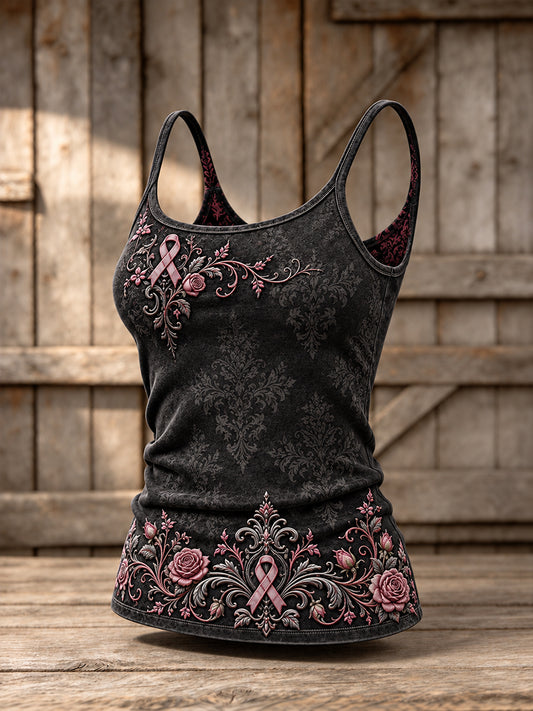 Women's Gothic Floral Pink Ribbon Print Casual Vest
