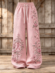 Women's Gothic Pink Ribbon Roses Floral Print Wide Leg Sweatpants