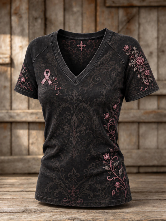 Women's Corss and Pink Charity Ribbon Pattern Design Casual V-neck Short-sleeved T-shirt